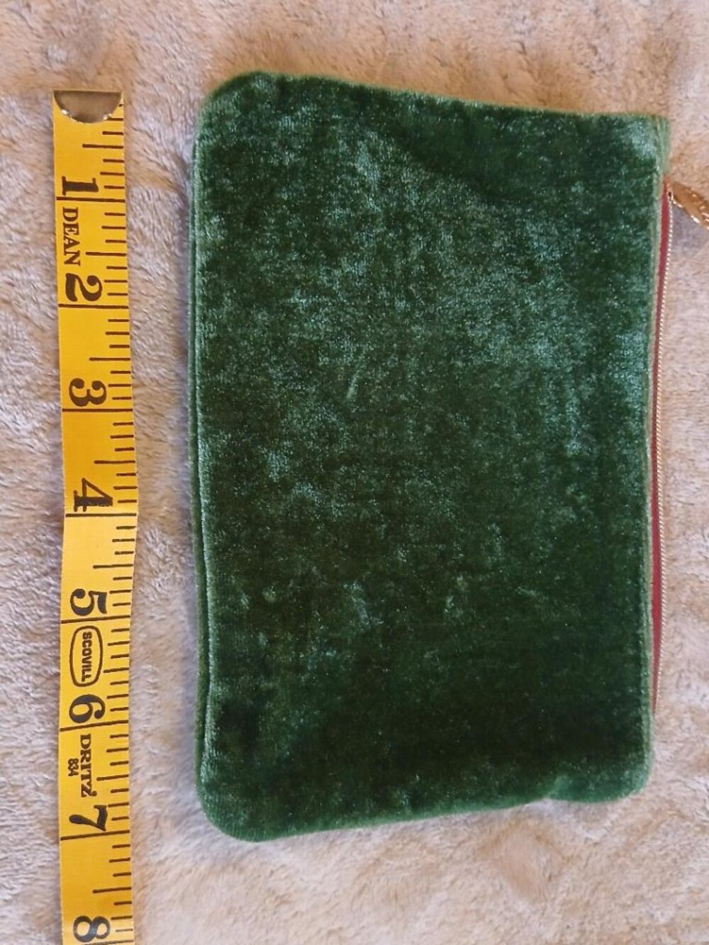 ispy green crushed velvet with red satin lining, versatile bag